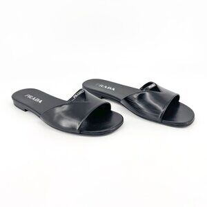 Prada Black Leather Triangle Logo Cutout Mule Slide Sandal Flat Size 39.5 US 9.5